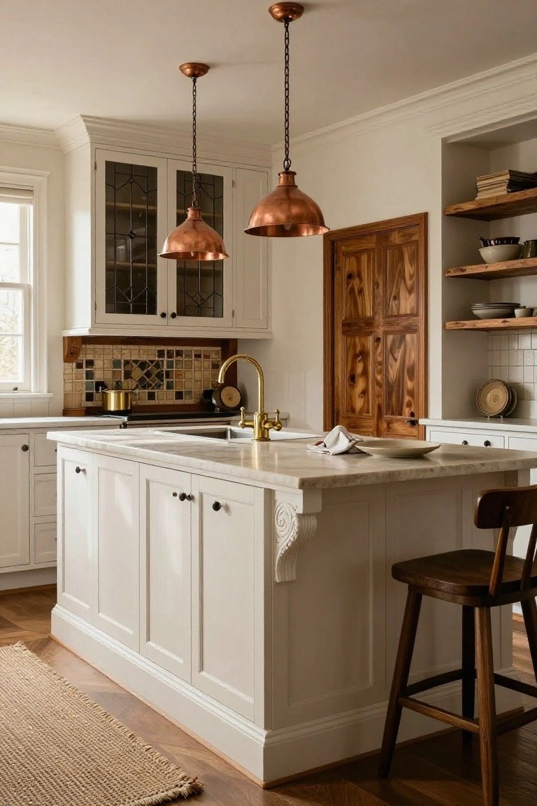 A traditional white kitchen with shaker-style cabinets, copper pendant lights over the sink and island, brass gooseneck faucet, marble countertop, wood-accented island with corbels, and hardwood flooring.
