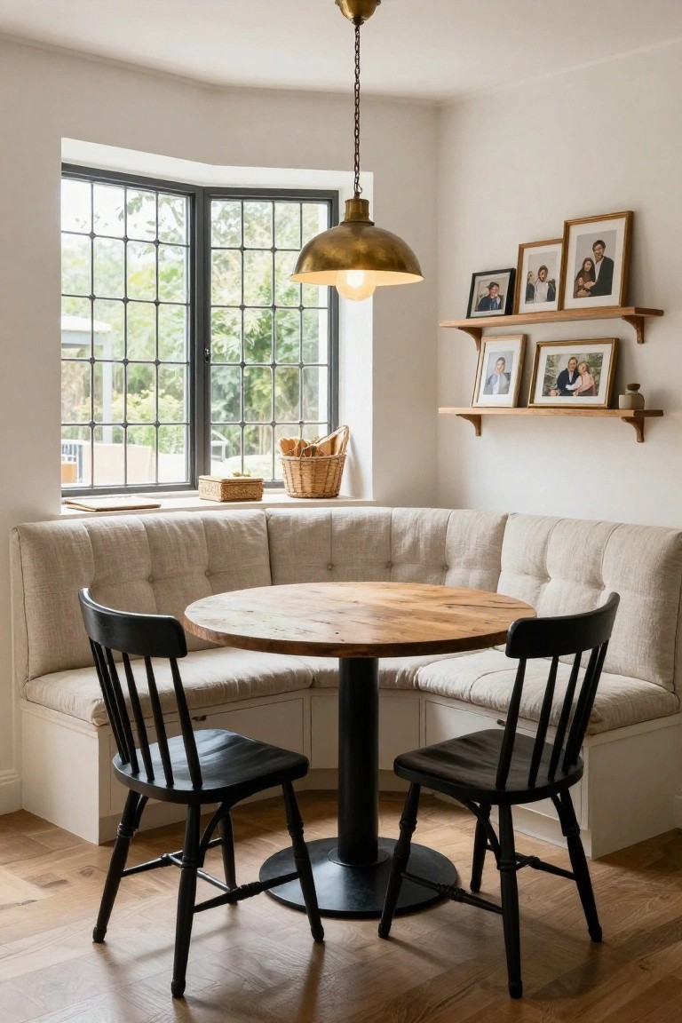 Beige tufted banquette seating in a bay window corner with round reclaimed wood table, black ladderback chairs, brass pendant light overhead, wooden shelves holding family photos, and basket of bread on windowsill.
