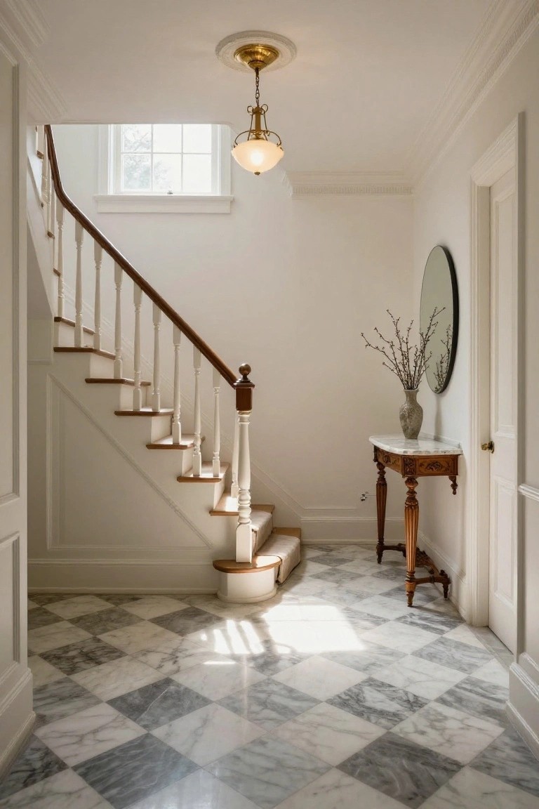 Entry hall featuring a curving white-painted wooden staircase with wood treads, black-and-white checkered marble floor, brass pendant light, antique wood console table with gray vase of branches beside a round black mirror, and white walls with doors.