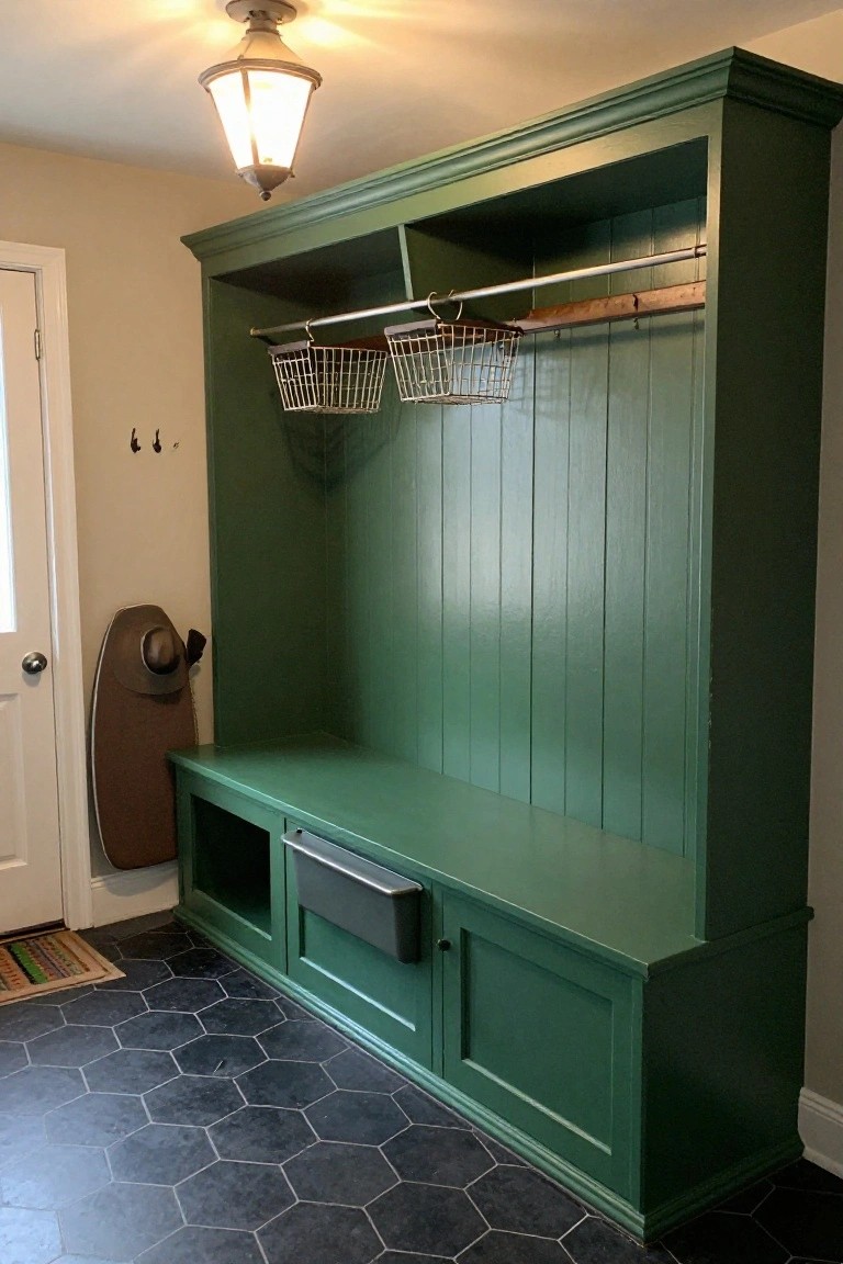 Green painted wooden built-in cabinetry with upper hanging rods and wire baskets, paneled walls, bench seat, and lower storage drawers and cabinets in an indoor entry space with black hexagonal floor tiles and a door.