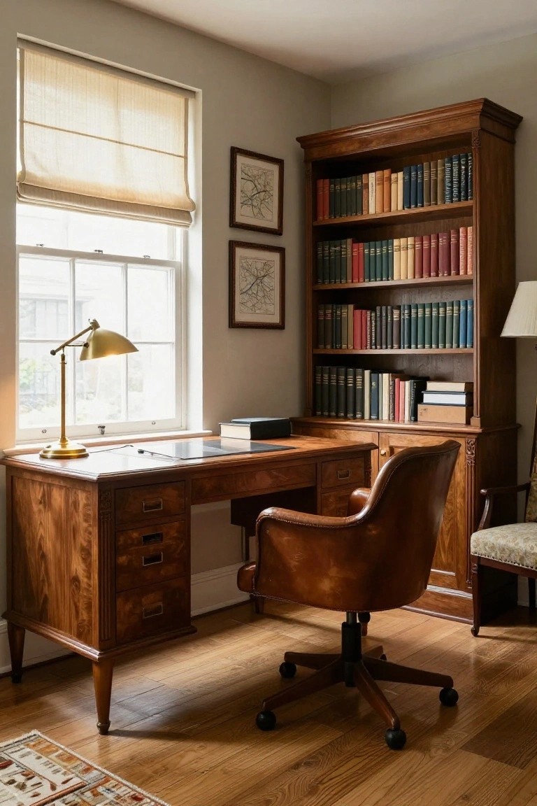 Tall wooden bookcases flanking a wooden desk with leather chair and brass lamp in a beige-walled study room beside a window with linen shades.