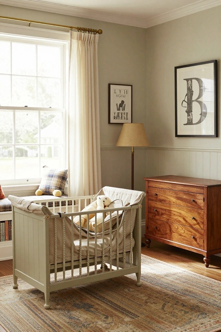 Nursery interior with a white wooden crib containing stuffed toys and bedding, a wooden dresser, window seat with plaid cushion, lamp, artwork, and sheer curtains on a window with pale green-gray walls and wood floor.