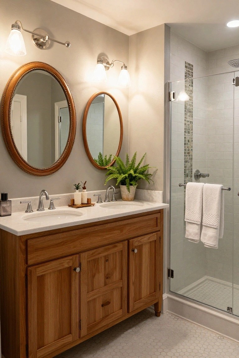 A traditional bathroom with a wooden double vanity, white marble countertop, two oval wood-framed mirrors, potted ferns, and a glass shower enclosure with white subway tile.