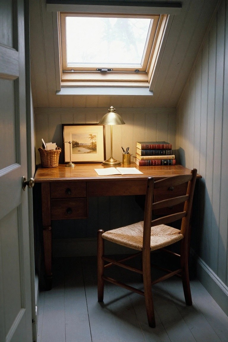 Small attic room with sloped gray paneled walls, wooden desk holding papers and books, brass lamp, rush chair, wicker basket, and skylight.