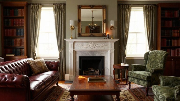 Traditional library room with floor-to-ceiling wooden bookshelves filled with books flanking a white ornate marble fireplace, two green patterned wingback armchairs, a wooden side table, a rectangular wooden coffee table, red leather tufted sofa on an oriental rug, gilded mirror above mantel, and table lamps.