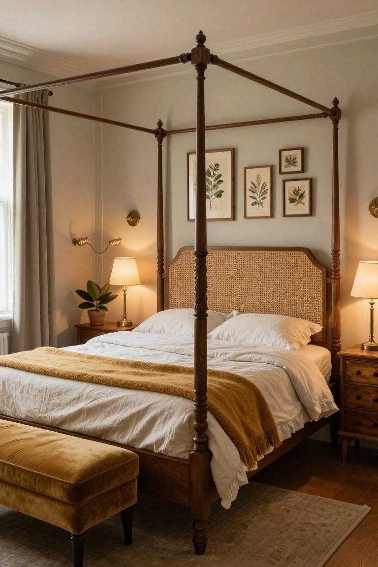 Four-Poster Bed with Rattan Headboard