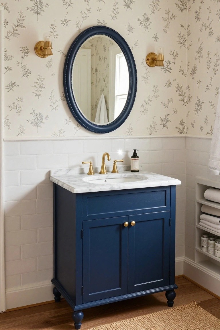 A small bathroom corner with navy blue wooden vanity cabinet topped by white marble and an undermount sink, flanked by white subway tile walls, oval blue-framed mirror above, gold sconces, botanical print wallpaper, and open shelves with towels.