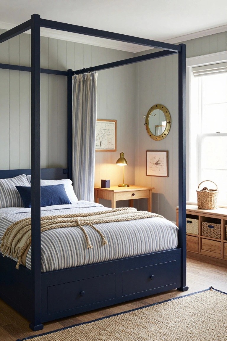 A cozy bedroom with a navy four-poster bed draped in white striped sheets and a rope throw, beside a wooden desk and nautical decor including a porthole mirror, against light gray paneled walls and hardwood floors.