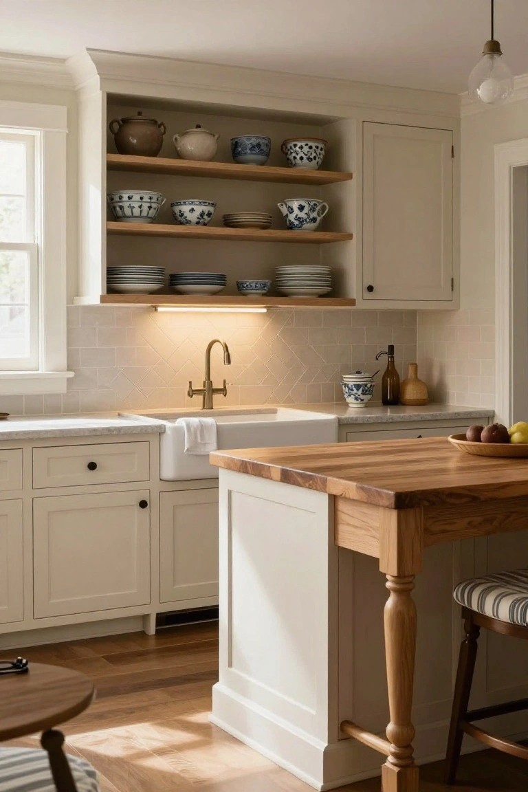A traditional kitchen with cream cabinets, open wooden shelves displaying blue and white pottery and dishes, a brass faucet farmhouse sink, butcher block island with stools, and hardwood floors.