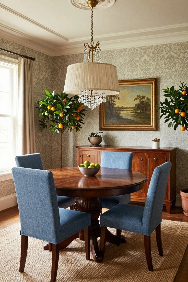 Traditional dining room with round wooden pedestal table, four blue upholstered chairs, wooden credenza holding a fruit bowl, two potted orange trees, landscape painting, and beige damask wallpaper under a beaded chandelier.
