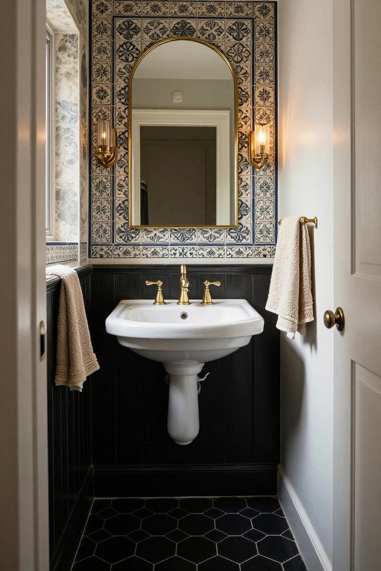 Narrow powder room with dark wainscoting, white wall-mounted sink, gold arched mirror framed by blue and white patterned tiles, beige towels on gold bars, and black hexagon floor tiles.