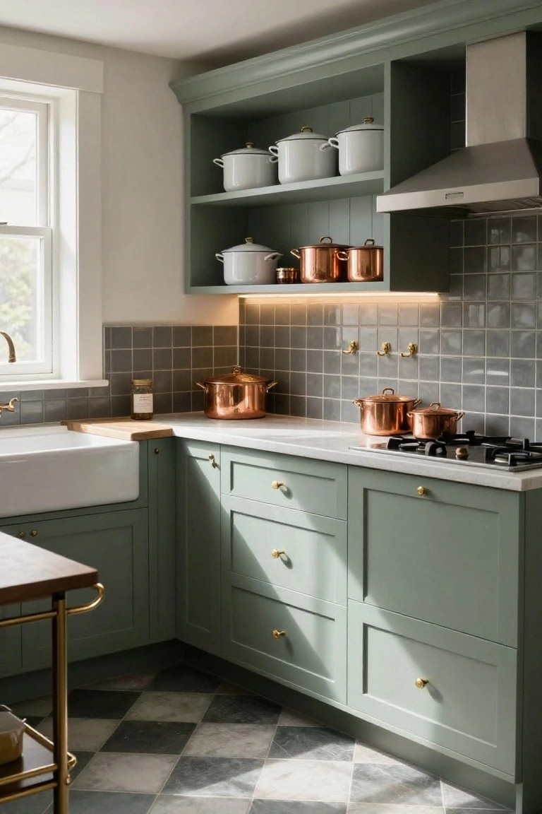 A corner kitchen with sage green shaker-style cabinets, open shelves holding white ceramic pots and copper cookware, white farmhouse sink, gas stove with copper pots, gray subway tile backsplash, white countertop, brass hardware, and black-and-white checkered floor tiles.