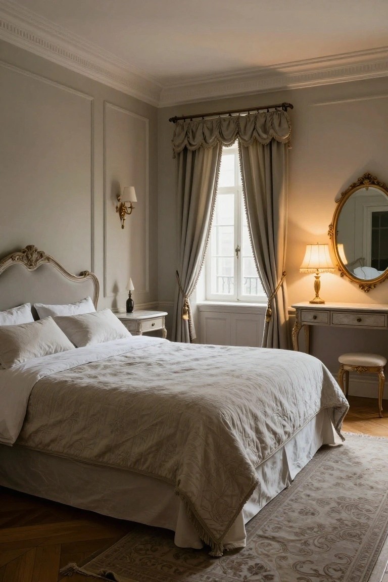 A traditional bedroom with light gray paneled walls, ornate cream-upholstered bed with white linens, gold-framed mirror over a matching vanity and stool, soft gray drapes on a tall window, and hardwood parquet floor.