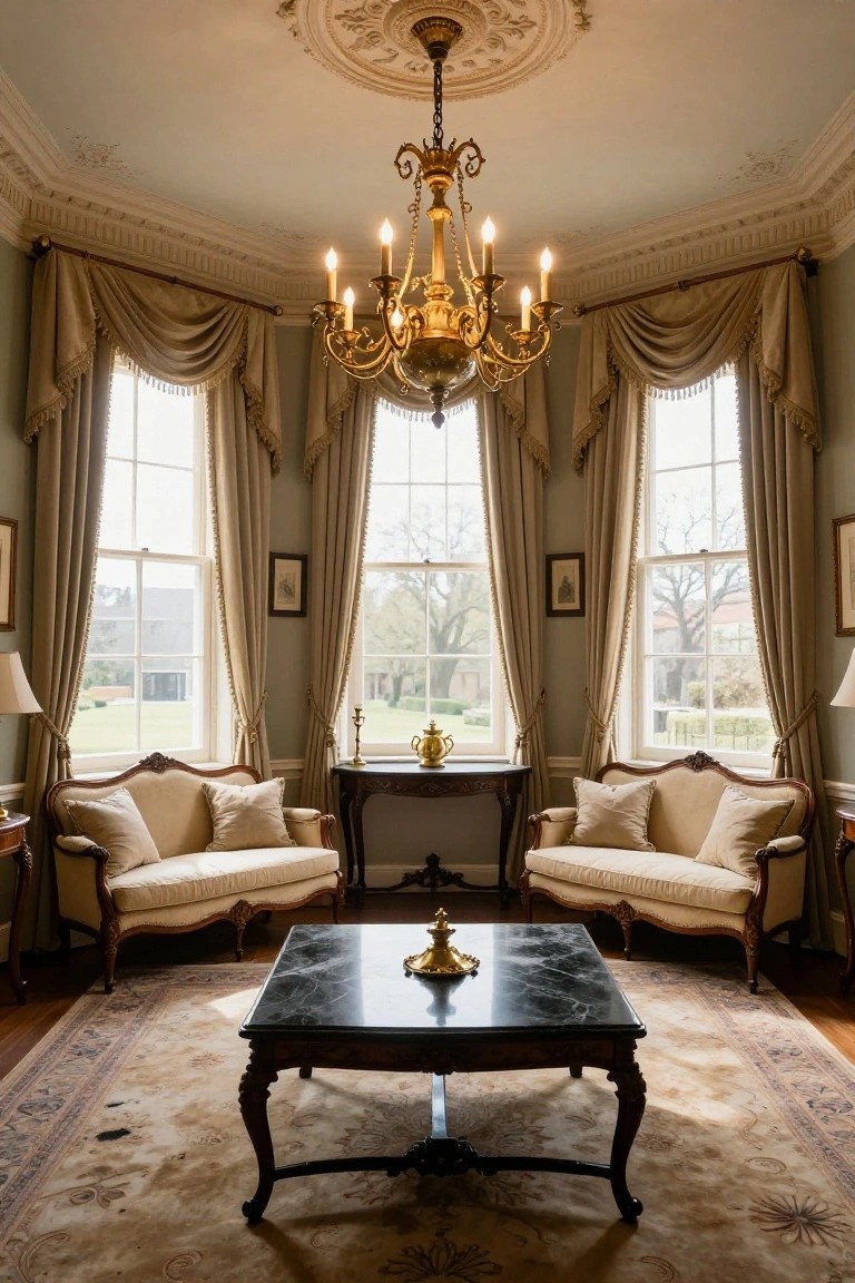 Traditional interior sitting room featuring two matching cream-colored carved armchairs facing across a black marble-topped wooden coffee table on a patterned rug, with side tables, beige draped windows showing garden views, and a gold chandelier overhead.