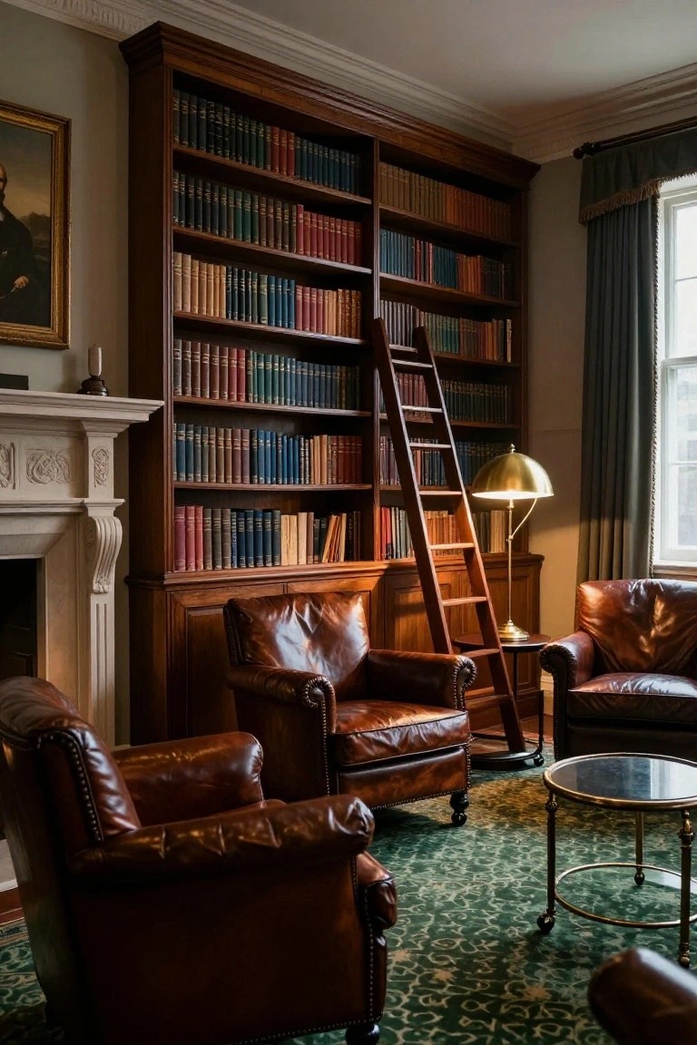 Traditional interior library room with tall wooden bookshelves, wooden rolling ladder, marble fireplace, two brown leather armchairs, brass lamp, and green rug.