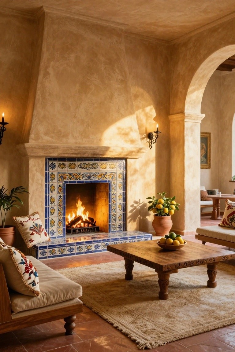 Living room interior with blue and white tiled fireplace, beige stucco walls and arches, low wooden sofa and table, potted plants, and terracotta tile floor.