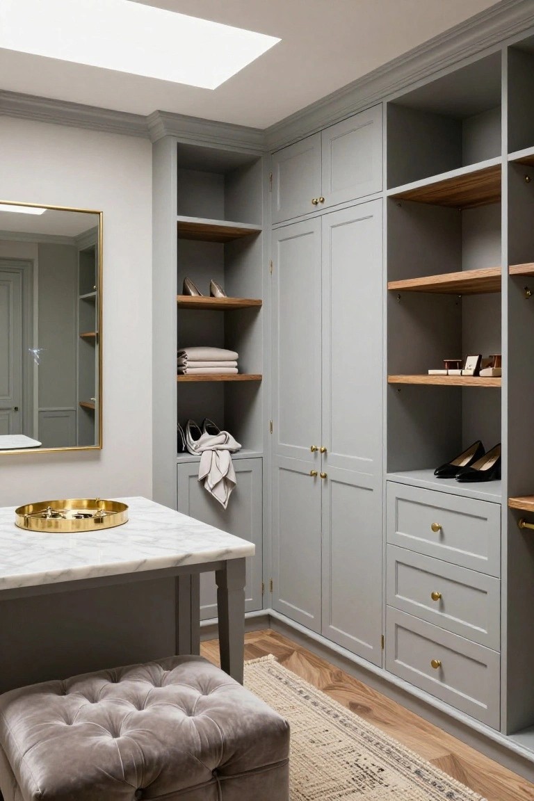 Walk-in closet with light gray built-in cabinets, open wood shelves displaying shoes and folded linens, marble-topped vanity table with gold tray, gold-framed mirror, and gray velvet stool on wood floor with rug.