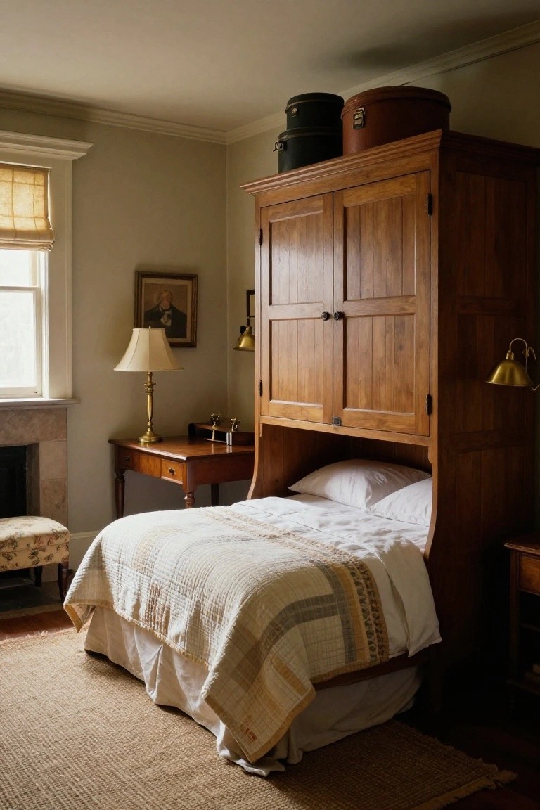 Wooden armoire with double bed and white pillows bedding in lower section, two vintage suitcases stacked on top, next to wooden desk and lamps in beige-walled bedroom.