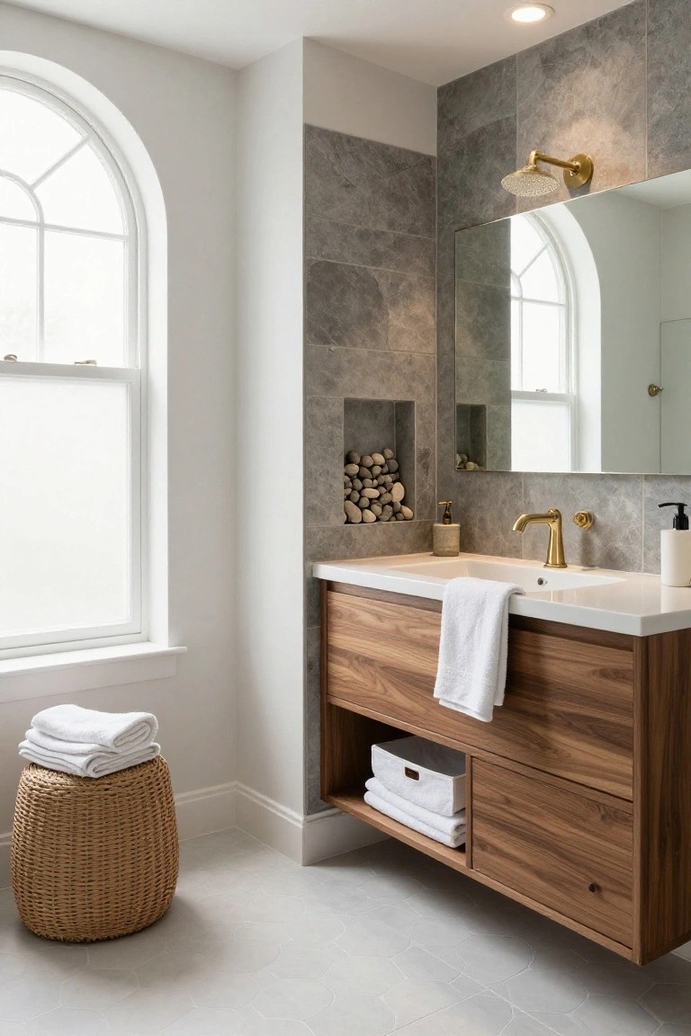 Bathroom with floating walnut wood vanity, white sink, gold faucet, gray marbled tile walls and backsplash, arched window, rattan stool holding white towels, and pebble niche.