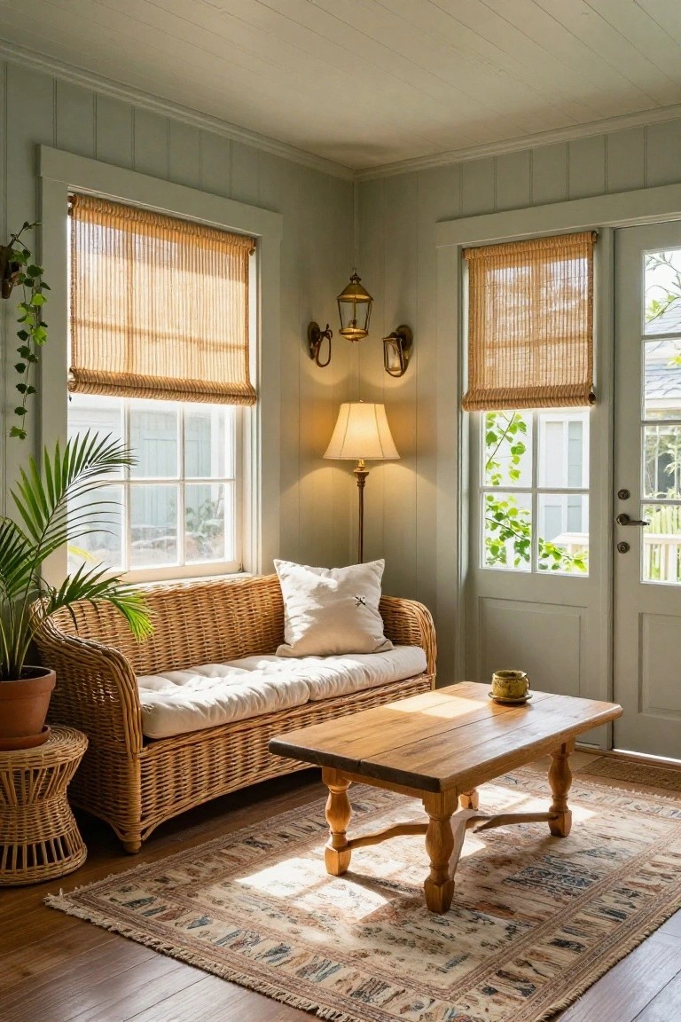 Sunlit corner of a light green paneled room with a white-cushioned wicker loveseat, potted palm plant, rattan stool, wooden coffee table on a patterned rug, bamboo shades on windows, and table lamps.