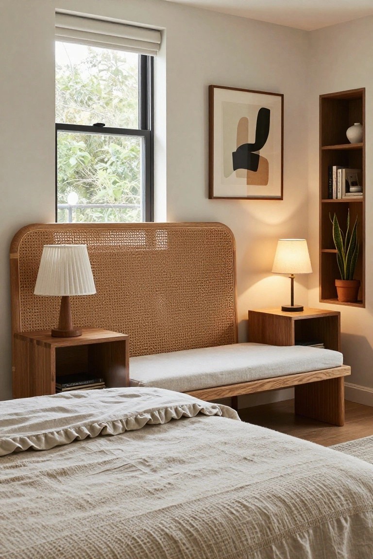 Bedroom with a tall curved cane-woven headboard, wooden nightstands holding pleated lampshades, a white bench at the bed foot, ruffled white bedding, built-in wooden shelving with plants and books, and a window showing greenery outside.