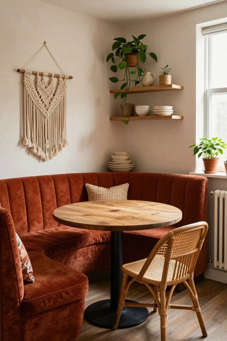 Curved red velvet booth surrounding a round wooden table with a rattan chair nearby, macrame wall hanging, plant shelves, and potted plants in a light beige room corner.