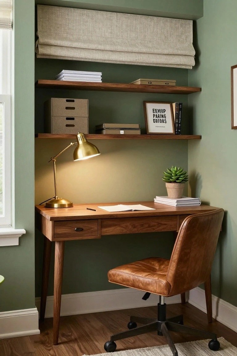 Corner home office with wooden desk, tan leather swivel chair, brass adjustable lamp, floating wood shelves holding books boxes and frames, potted succulent plant, and sage green walls.