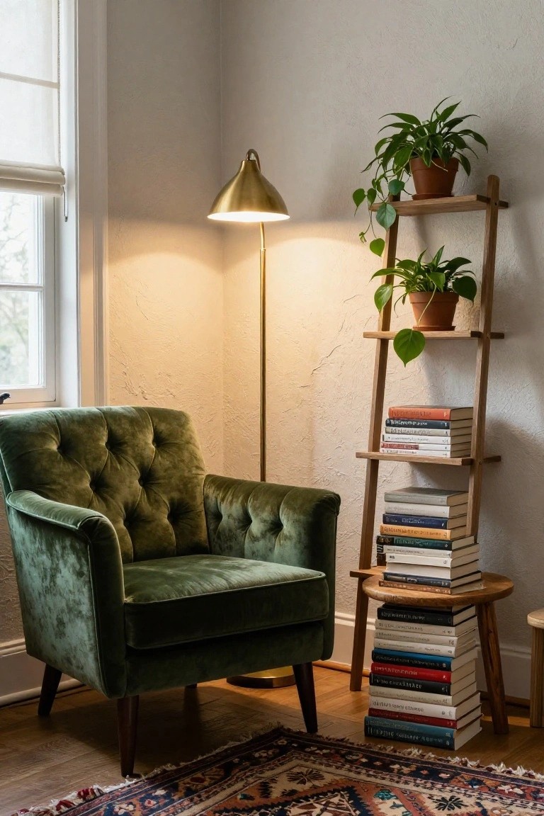Green velvet tufted armchair next to a wooden ladder shelf displaying stacked books and potted trailing plants, with a brass arched floor lamp, round wooden side table, and Persian rug in a beige room corner.