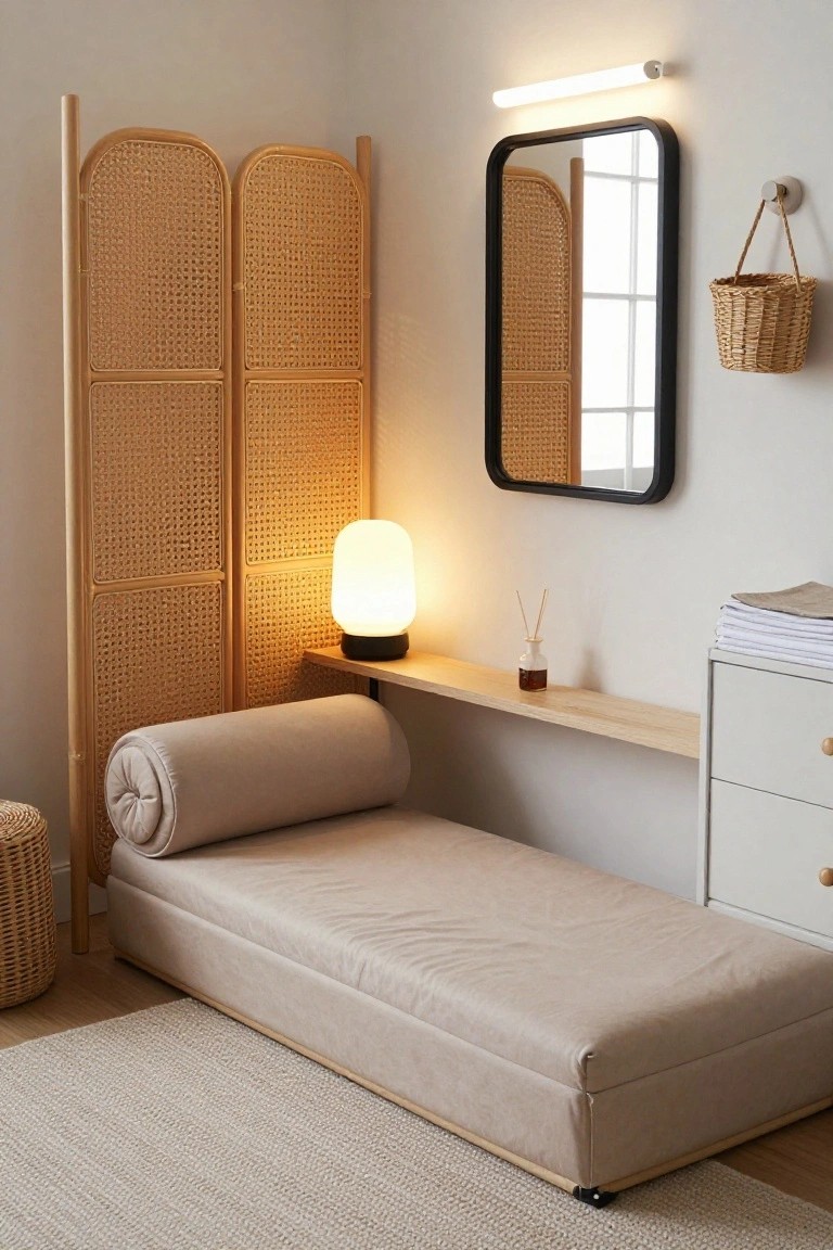 Three-panel beige bamboo folding screen in a light corner room with a low beige daybed and bolster pillow behind it, floating wood shelf with white lamp and diffuser, black-framed mirror, woven basket, and white dresser nearby.