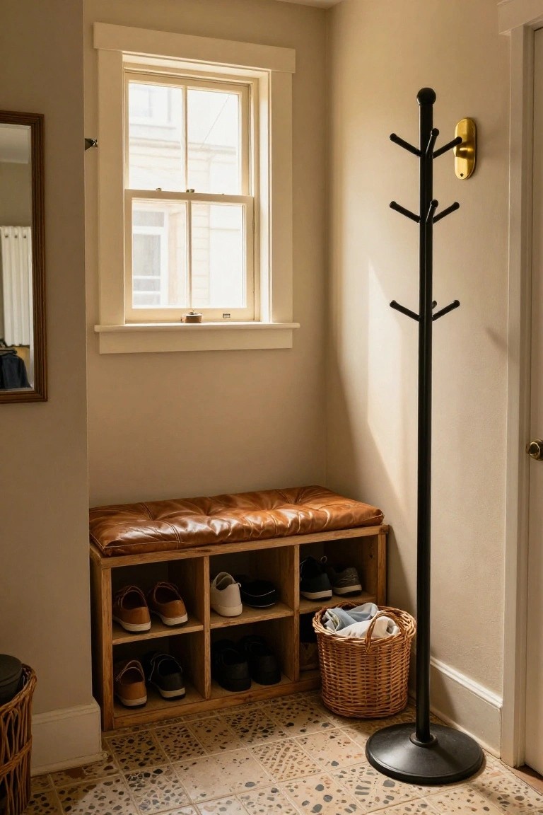 A compact entryway corner with a tufted tan leather bench atop wooden cubbies holding various shoes, a tall black coat rack mounted on the wall, a wicker basket with laundry, a wall mirror, and a double-hung window.