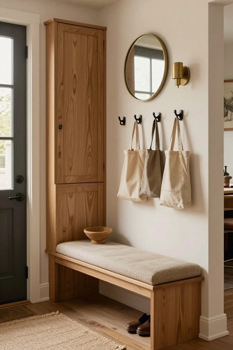 Tall wooden cabinet and bench in a light entryway next to a dark front door, with canvas tote bags on black hooks, shoes under the bench, round gold mirror on the wall, and seagrass rug on the wood floor.