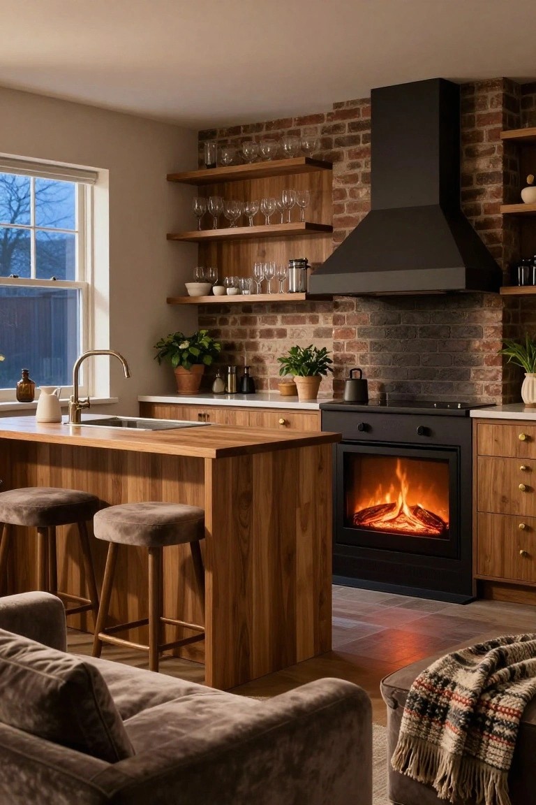 A kitchen interior with exposed brick wall and black chimney hood over a range cooker showing orange flames, wooden island bar with upholstered stools, potted plants, glassware on shelves, and a window.