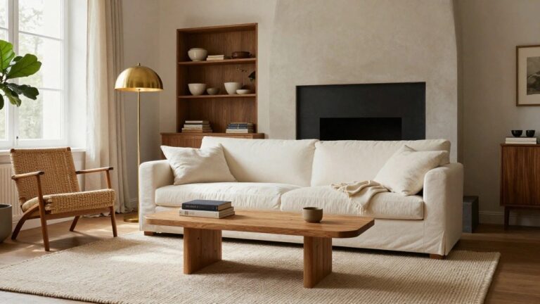 Sunlit living room interior with white sofa on beige rug, sculptural wooden coffee table holding stacked books, rattan armchair near black fireplace, open wooden shelves displaying ceramics books and plants, gold arched floor lamp, and potted plants near window with cream curtains.