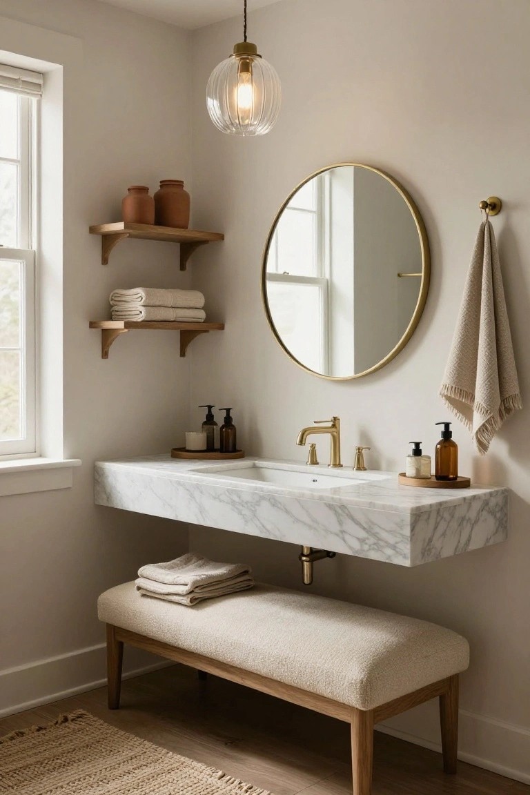 A bathroom with a wall-mounted white marble sink, gold faucet, round gold-framed mirror, wooden floating shelves holding towels and terracotta pots, soap bottles on a wooden tray, a beige upholstered bench below the sink, and a seagrass rug on wood floors.