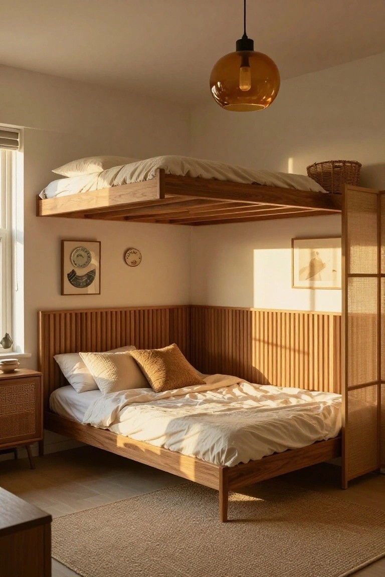 Small bedroom with wooden lofted upper bunk bed above a lower full-size bed, slatted wood paneling on walls, pendant light, and window with blinds.