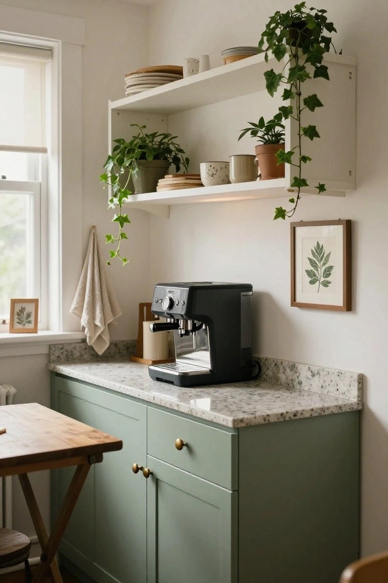 Kitchen corner featuring sage green lower cabinets, white open shelving with plants and ceramics, black espresso machine on speckled quartz countertop, wooden stool, and hanging towel near window.