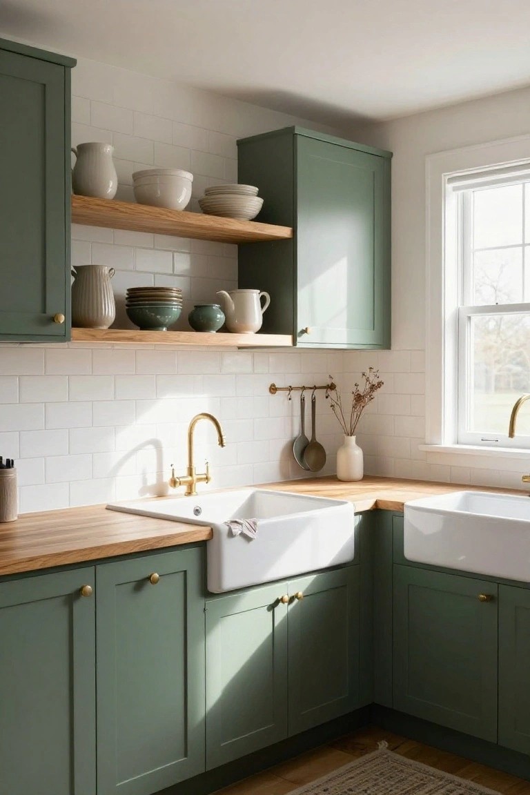 Corner kitchen with sage green shaker-style cabinets, oak wood countertops, two white farmhouse sinks, brass faucet and handles, white subway tile backsplash, open wooden shelves with pottery, and a window with natural light.