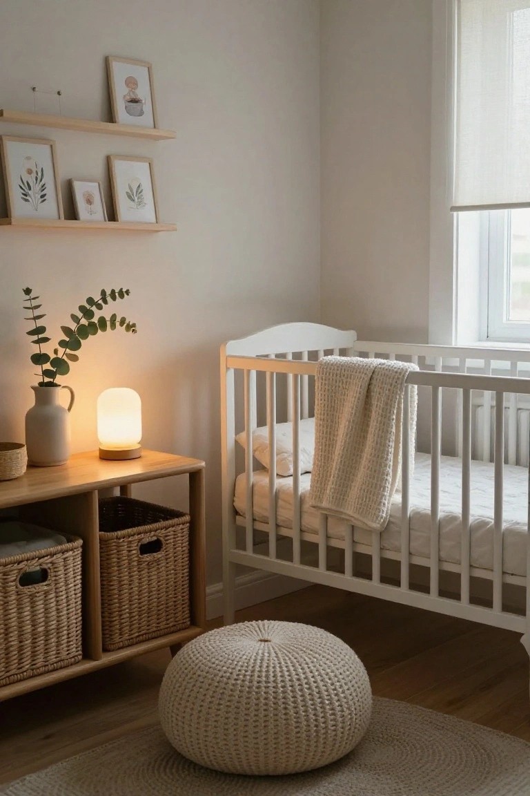 A light beige nursery room with a white crib draped in a cream knit blanket, wooden side table with a glowing lamp and eucalyptus in a vase, wicker storage baskets, floating oak shelves with framed art, and a large cream knit pouf on a beige rug next to hardwood floors.
