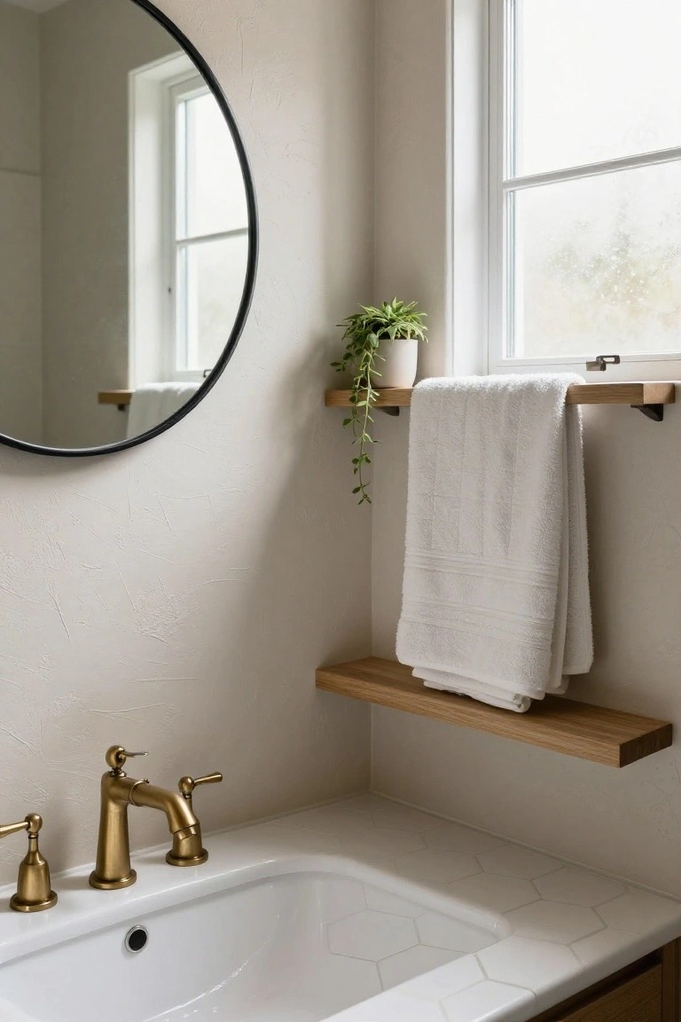 Bathroom corner with white hexagonal tile countertop, undermount sink, brass bridge faucet, round black mirror on wall, oak wood shelf holding draped white towel, potted trailing plant on windowsill shelf, and frosted window.