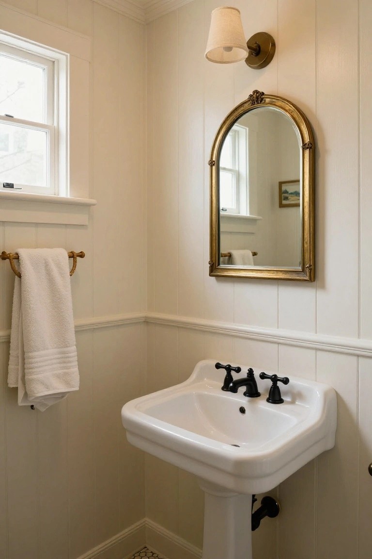 Small interior bathroom with cream beadboard wainscoting on lower walls, white pedestal sink with black faucets, gold arched mirror above sink, white towel on brass towel bar, and window with natural light.