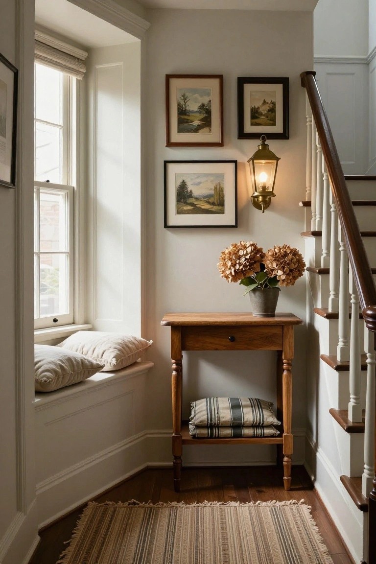 Light gray interior hallway with cushioned window seat under a large window with bamboo shade, wooden console table holding pillows and potted hydrangeas, framed landscape paintings on walls, brass lantern sconce, and white-painted wooden staircase.
