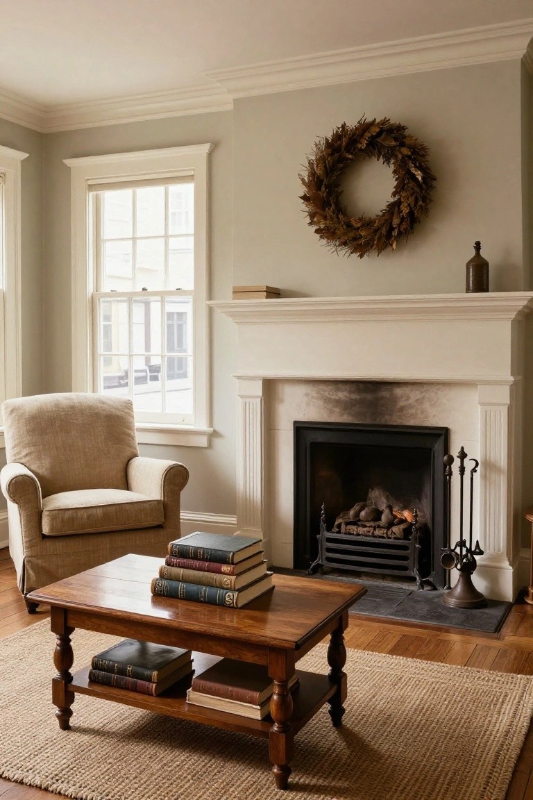 Light sage green living room with white fireplace mantel, lit fire, beige armchair, wooden coffee table holding stacked books, wheat wreath on wall, and window with blinds.