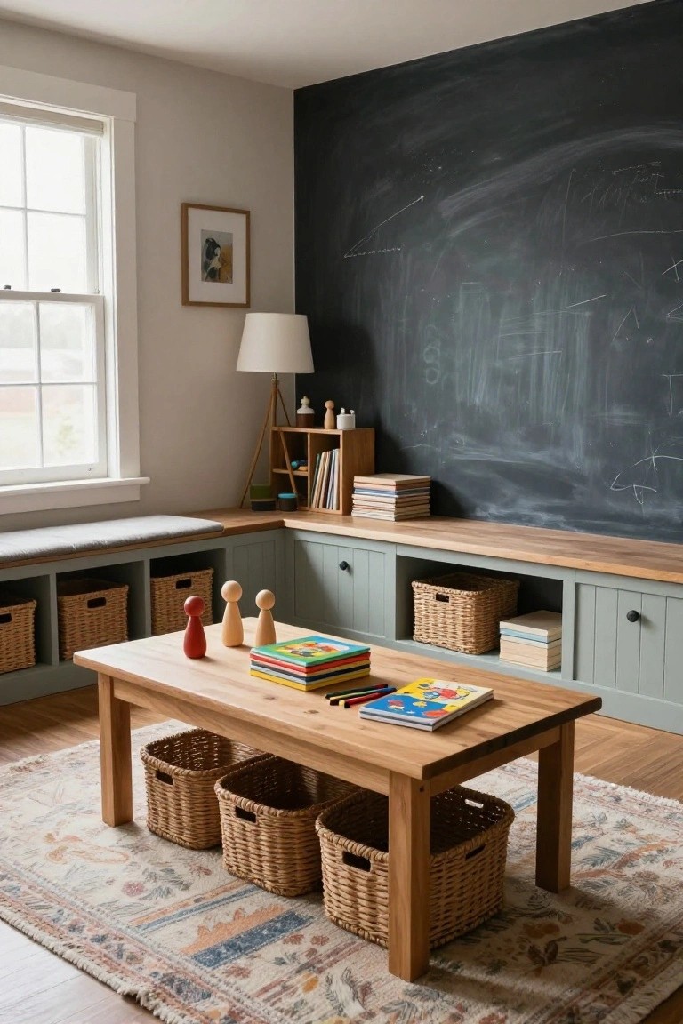 Children's playroom corner featuring built-in teal cabinets with window benches, open shelves holding wicker baskets and books, wooden table with toys and stacked picture books, black chalkboard wall, and small wooden figures.