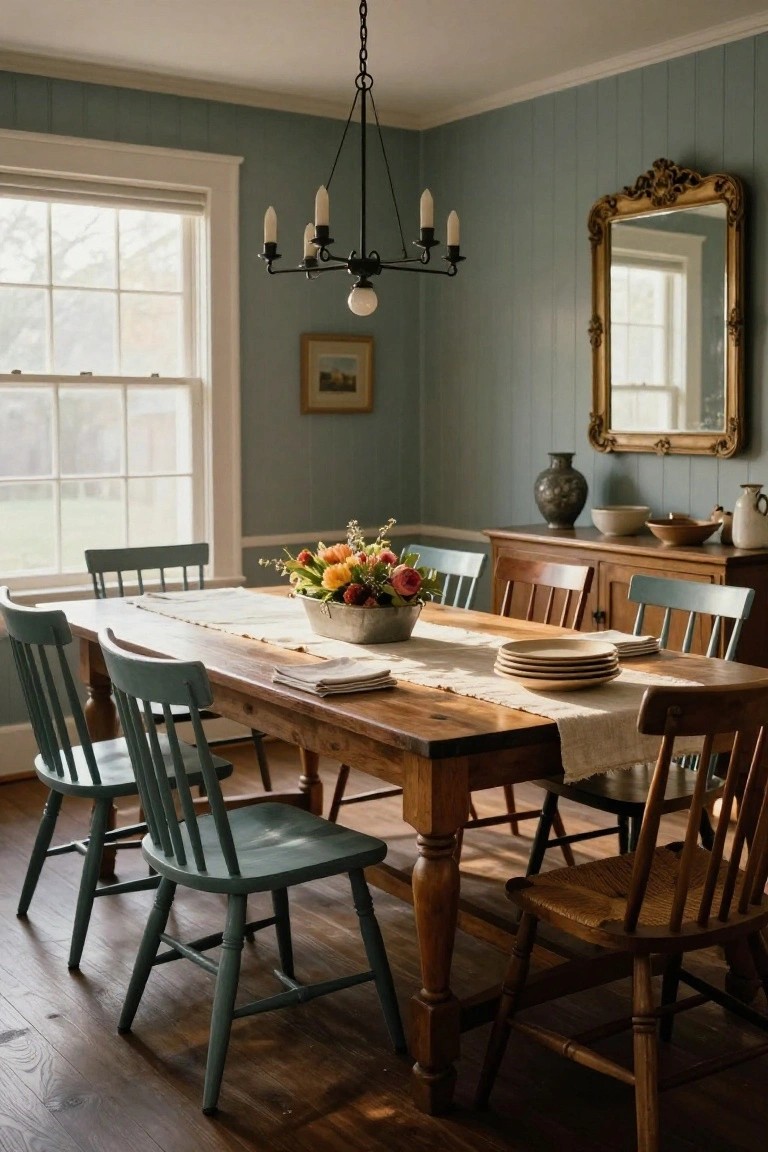 A rectangular wooden dining table with a white runner, stacked plates, and flower centerpiece, surrounded by green painted chairs and wooden chairs, next to a wooden buffet with ceramics, ornate gold mirror, and black chandelier in a room with light green shiplap walls and large window.