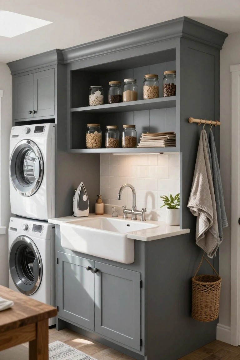 Gray shaker-style built-in cabinets enclosing stacked white washer and dryer in a laundry room, with open shelves stocked with glass jars of dry goods, a white farmhouse sink on a countertop, hanging towels, and a wicker basket nearby.
