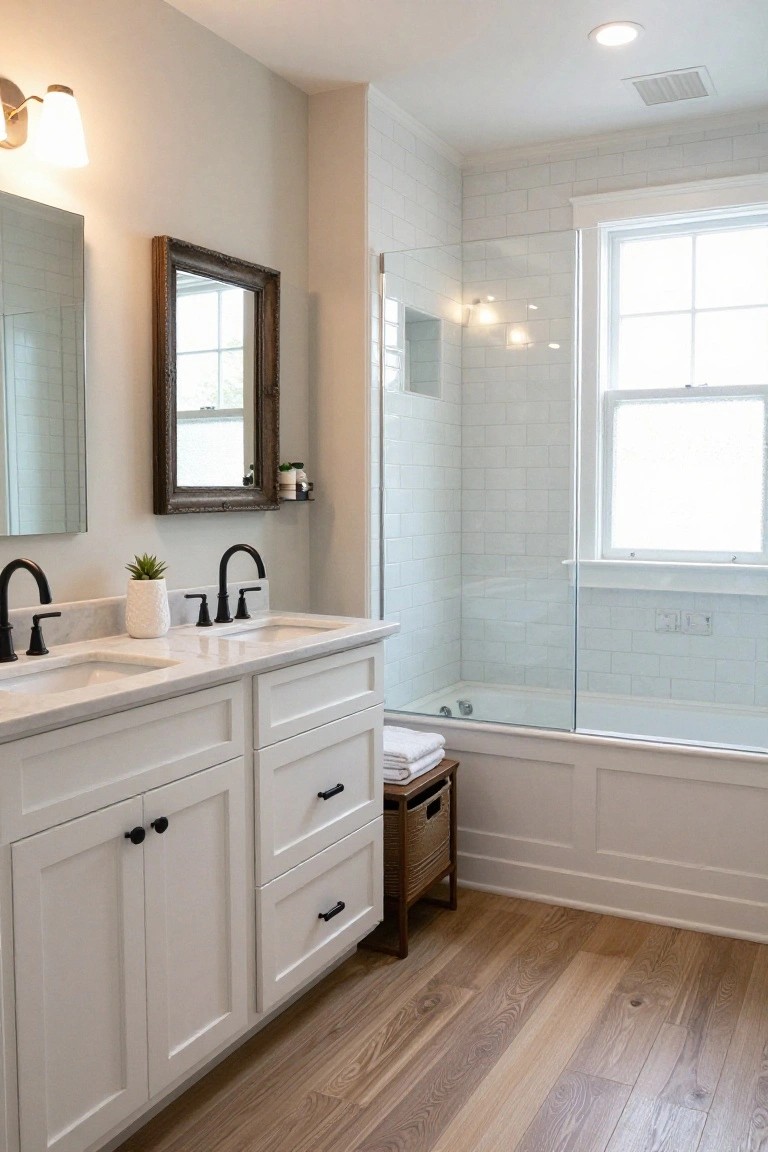 Bright white bathroom with double white shaker vanities topped by white marble counters and matte black faucets, glass-enclosed white subway tile shower and tub, wood plank flooring, and a large window.