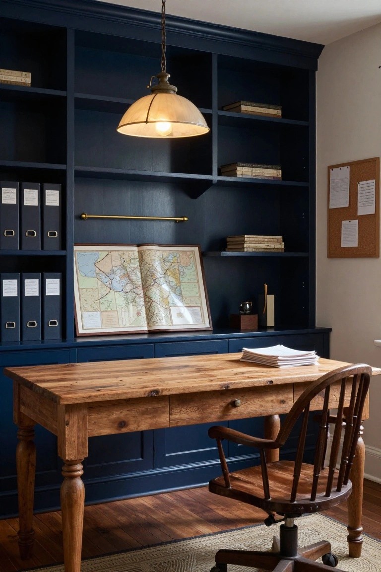 Home office with dark blue built-in bookshelves, rustic wooden desk, wooden swivel chair, open map on brass rod, and pendant light overhead.