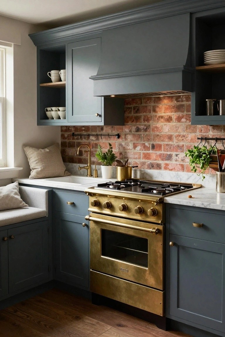 Corner kitchen with navy blue shaker-style cabinets, brass range oven and hardware, white marble countertop, exposed brick backsplash, gold faucet, potted plants, and wooden flooring.
