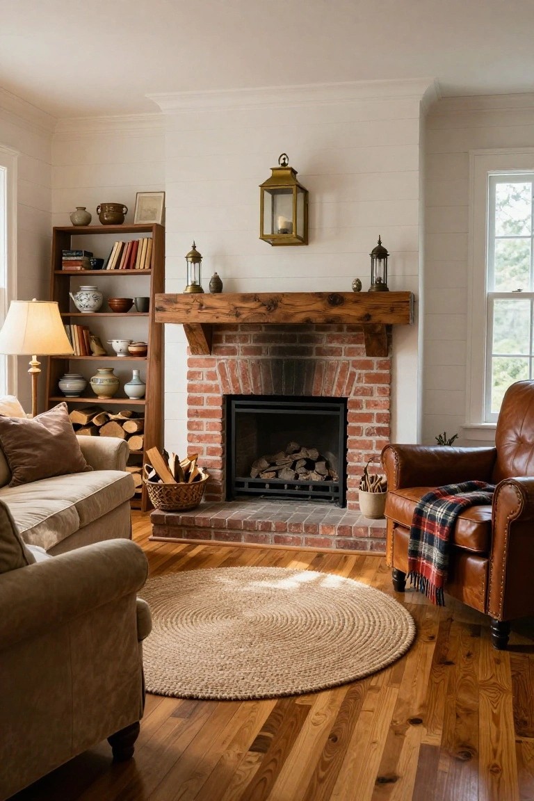 A cozy living room with a central brick fireplace under a rough wooden mantel, bookshelves on one side holding pottery and books, a beige linen sofa, tan leather armchair with plaid throw, and hardwood floors with a seagrass rug.