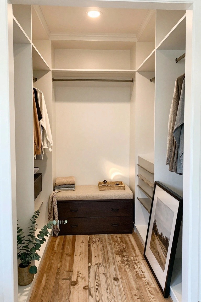 White walk-in closet with hanging clothes rods on both sides, built-in shelves and dark wood drawers, central cushioned bench with stacked towels and woven tray, potted eucalyptus plant, and hardwood plank floors.